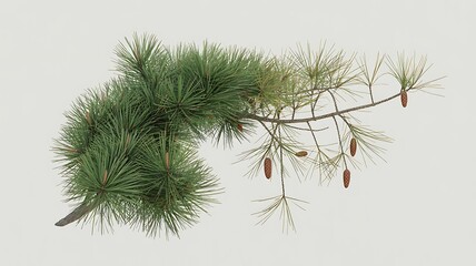 Pine branch with needles and small cones against a light background