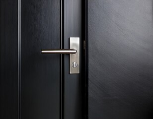 minimalist door detail matte black door with brushed metal hardware and light reflection on adjacent surface