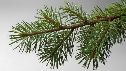 Close up of a pine tree branch with green needles and water droplets