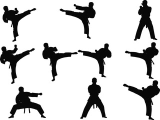 Martial arts silhouette set featuring dynamic karate and taekwondo poses, high kicks, punches, and traditional uniform stances for vector design.
