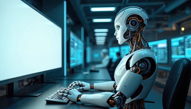 Humanoid robot types on keyboard at desk. AI machine in modern data center looks at white blank screen monitor. Future tech automation concept shows robotic cyber assistant operating advanced digital - Powered by Adobe