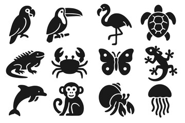 Obraz premium Tropical Wildlife Icons. Solid style icons of tropical wildlife: parrot, toucan, flamingo, sea turtle, iguana, crab, butterfly,
