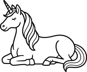 Whimsical line art unicorn resting peacefully with closed eyes and flowing mane