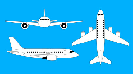Detailed vector illustration of a passenger airplane from three distinct perspectives: front, side, and top view for travel concepts