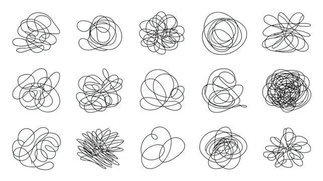 Abstract tangled line scribbles set, symbolizing complexity, confusion, problem, solution, stress, thought processes, and mental state.