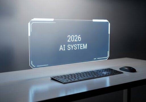 Minimalist desk with a keyboard and mouse, featuring a 2026 AI System hologram
