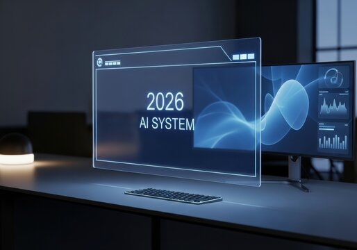 2026 AI System displayed on a futuristic transparent screen in a dark office