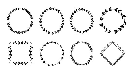 Collection of elegant hand drawn floral frames and botanical leaf wreaths, versatile vector design elements for invitations, logos, and monograms.