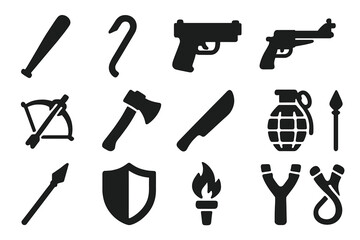 Obraz premium Solid Defense Icons. Solid style icons of Weapons and defense: baseball bat, crowbar, pistol, rifle, crossbow, axe, machete,