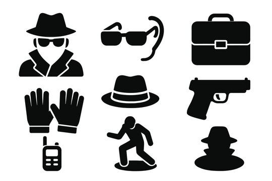 Spy Icons Collection. Solid style icons of Spy agents: spy figure, trench coat, sunglasses, earpiece, briefcase, gloves, hat,