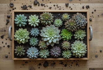 Fototapeta premium Top view of succulents arranged on wooden tray, surrounded by soil, warm indoor light, full frame, detailed organic texture.