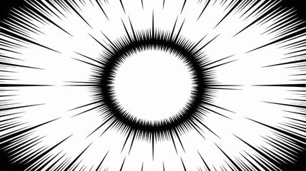 Radial speed lines burst effect in black and white, dynamic comic book background with central circle for focus or copy space.