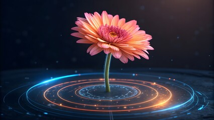 Futuristic flower emerging from glowing holographic rings. Concept of innovation, growth, and digital nature.