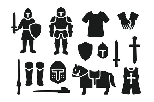 Medieval Knight Icons. Solid style icons of Medieval knights: knight figure, full armor, chainmail, gauntlets, greaves, helmet,