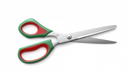 Red and green plastic scissors placed on a white surface, efficient tool for crafting