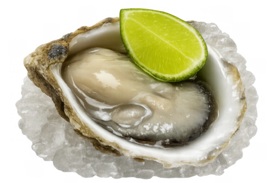 Raw oyster presented on crushed ice with a fresh lime wedge, displaying healthy seafood and fine dining elements