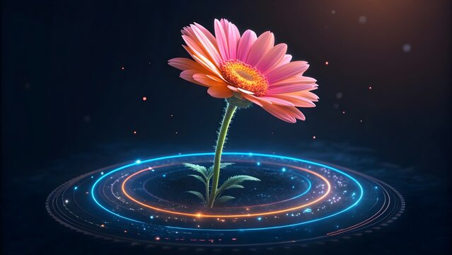 Futuristic flower emerging from glowing holographic rings. Concept of innovation, growth, and digital nature.