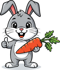 Cartoon rabbit illustration, smiling gray bunny, holding carrot, cheerful expression, thumbs-up gesture, children’s art, playful animal character