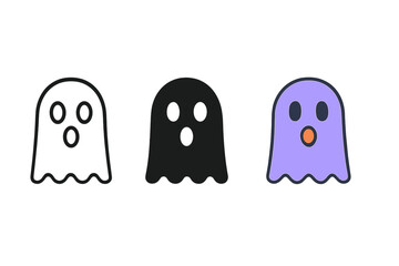Three different colored ghosts are shown in a row. The first ghost is black and white, the second is purple, and the third is black and purple