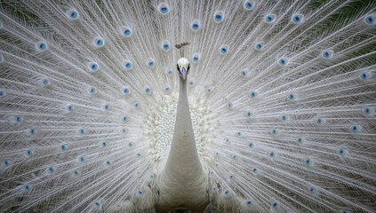 Obraz premium White peacock displaying its plumage, showcasing its iridescent feathers