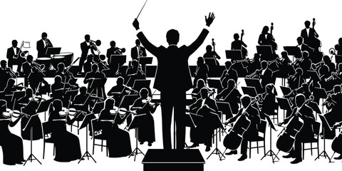 Silhouette of full orchestra with conductor leading classical music performance, featuring strings, brass, woodwinds, percussion in concert hall