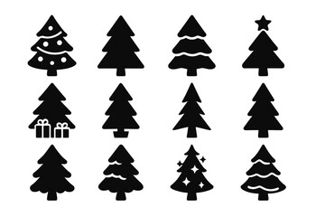 Obraz premium Christmas Tree Icons. Solid style icons of Christmas trees: decorated tree, plain pine tree, snow-covered tree, tree with star,