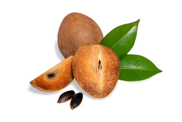 Fresh organic chemical-free sapodilla (Manilkara zapota) sweet and taste fruit with green leaf isolated on white background
