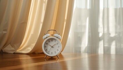 White alarm clock resting on a desk, complemented by an elegant curtain backdrop, symbolizing optimism and clarity.