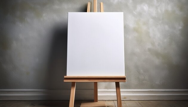 wooden easel with blank canvas against a textured wall ready for art creation and display