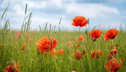 A scenic view of a meadow adorned with vibrant red poppies, seasonal change