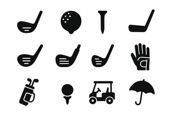 Golf Equipment Icons. Solid style icons of Golf equipment: golf club, golf ball, tee, putter, driver, iron, wedge, glove, golf bag
