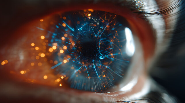 A futuristic human eye with a cybernetic implant reflecting glowing data streams, digital iris, and dark moody atmosphere
