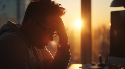 The man sits at his desk, overwhelmed by stress as he cradles his head in his hands, staring at the approaching sunset through the window. Exhaustion and pressure weigh heavily on