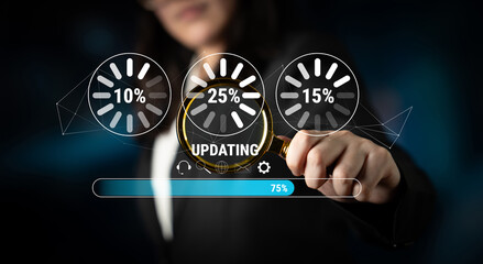 A concept of a system update and software installation. A progress bar and loading icons showing the update percentage and status. Motif