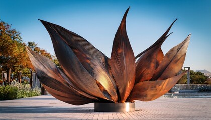 abstract flame shaped metal sculpture in an outdoor public space