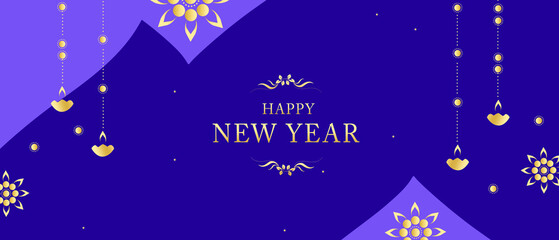Decorative happy new year wishes golden purple banner vector design