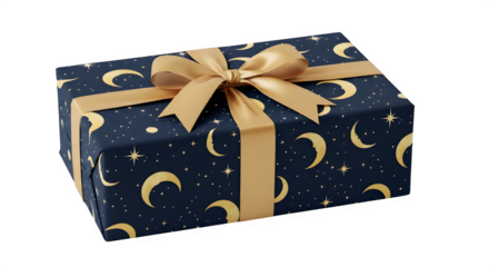 Festive gift box wrapped in dark blue celestial paper with moons and stars isolated on transparent background
