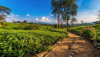 Naklejka premium Tea plantation in a serene landscape, promoting sustainable agriculture
