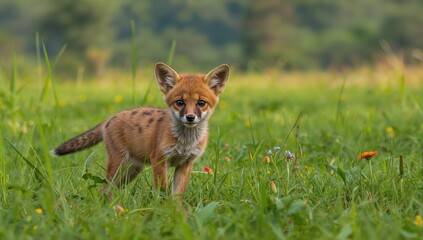 Obraz premium Adorable Bengal fox cub resting in a serene environment, showcasing the importance of wildlife preservation