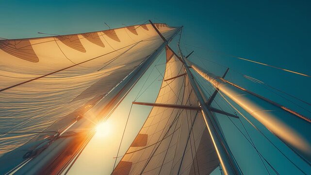 Sailboat mast and sails against sunny sky