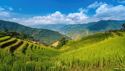 Terraced rice paddies in a mountainous region, showcasing agricultural practices, Earth Day