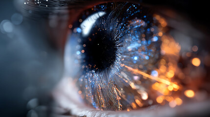 A human eye with a cybernetic implant reflecting glowing data streams, iris as digital interface. Futuristic, sci-fi vibe