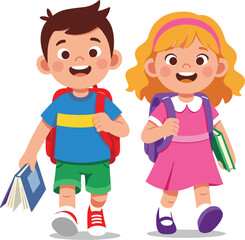 Cartoon schoolchildren illustration, two kids walking, cheerful expressions, backpacks and books, childhood education theme, playful design, student charactersCartoon student characters