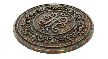 Ornate antique circular metal emblem with intricate swirling patterns isolated on transparent background