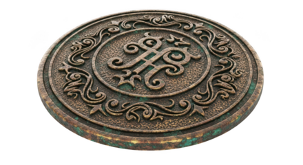 Ornate antique circular metal emblem with intricate swirling patterns isolated on transparent background
