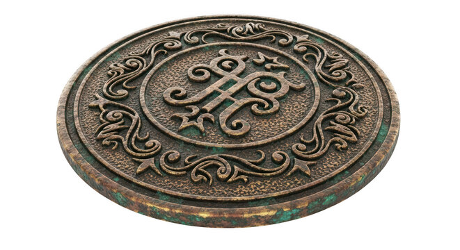Ornate antique circular metal emblem with intricate swirling patterns isolated on transparent background