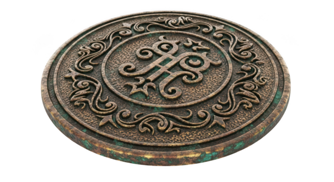 Ornate antique circular metal emblem with intricate swirling patterns isolated on transparent background