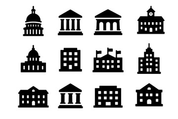 Government Building Icons. Solid style icons of government buildings: capitol dome, courthouse building, parliament hall, city