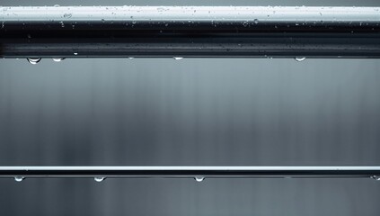 Drops of crystal water cascading from a metal bar on a rainy day, potential corrosion risk