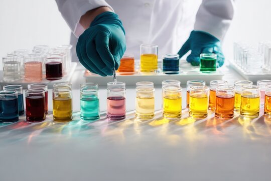 Scientific experiment observing colorful liquid samples in laboratory glassware demonstrating chemical reactions and analysis in a research setting